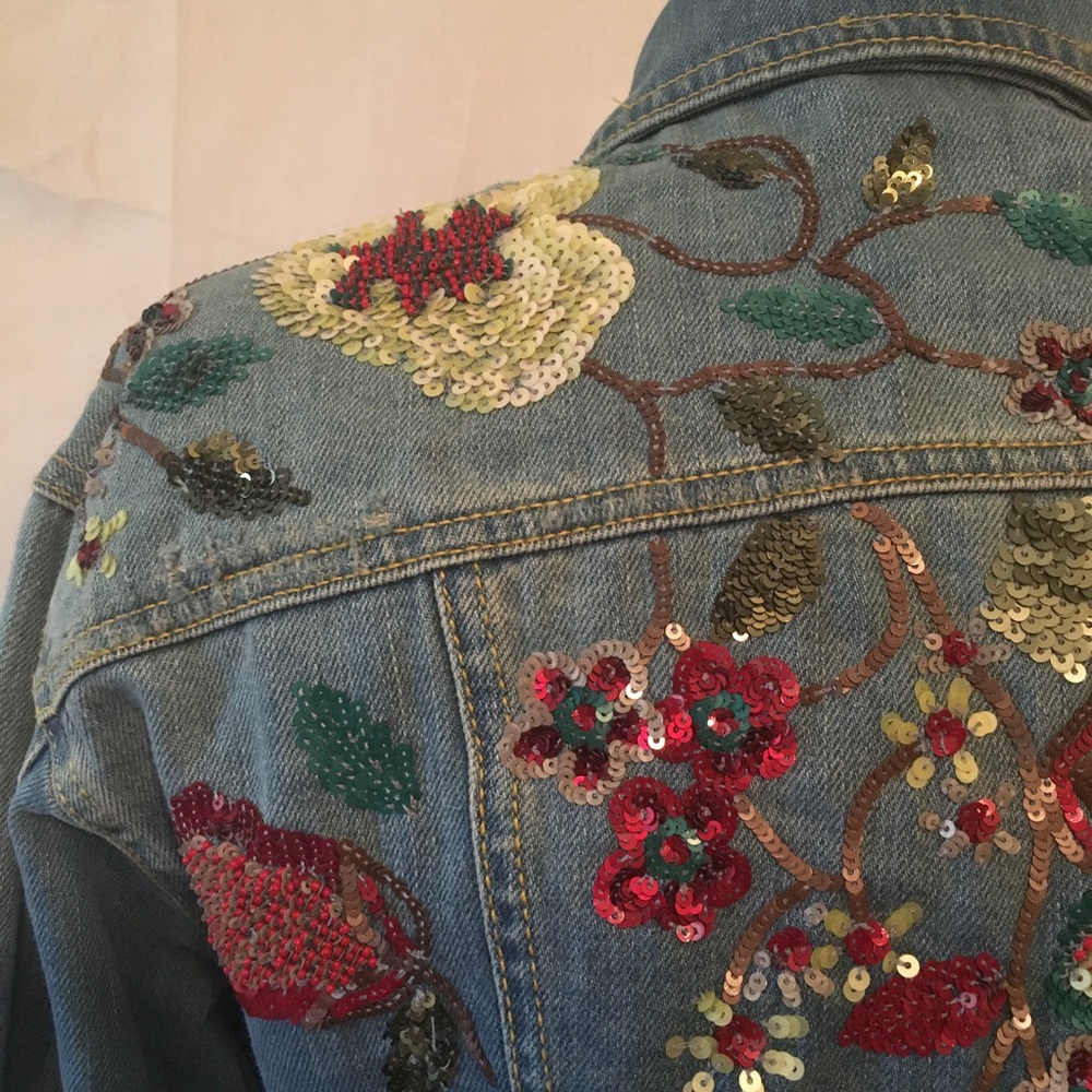 Zara Floral Sequin Cropped Denim Jean Jacket XS - Picture 5 of 8